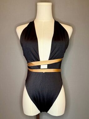 Baliawear Black Plunge One Piece Swimsuit Size M Wrap Tie Open Back Resort NWT